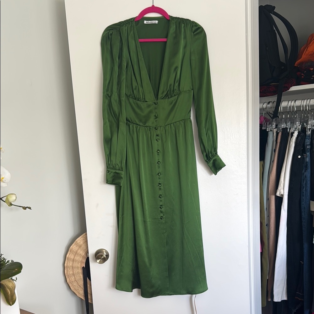 Reformation Green Long-Sleeve Silk Palm Dress